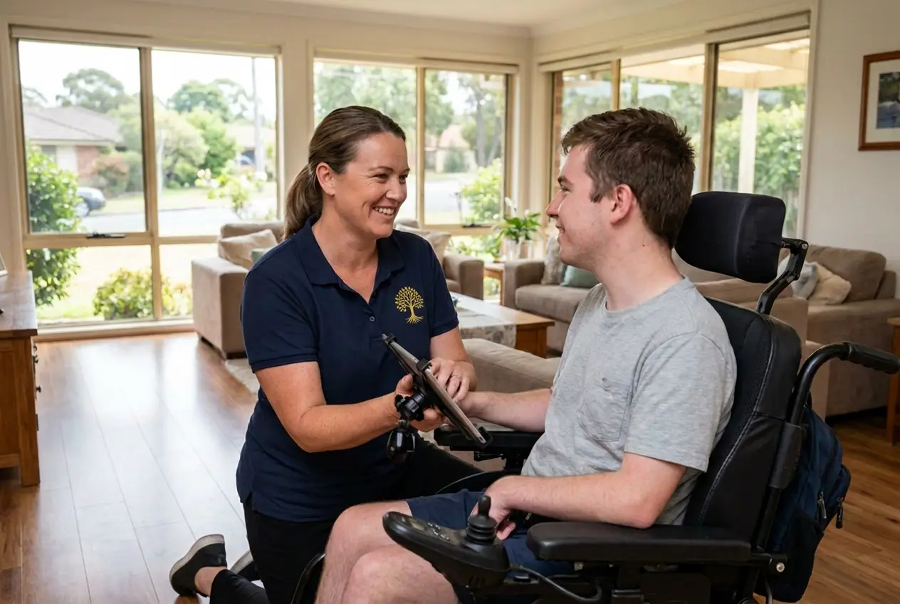 A MAYIM Care support worker sharing a warm, caring moment with a client