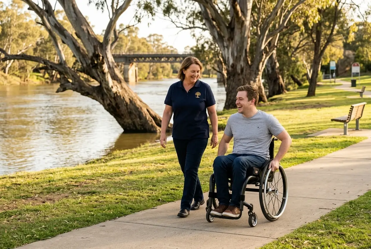 MAYIM support worker walking with an NDIS participant in his wheelchair beside the Murray River at Noreuil Park, Albury–Wodonga