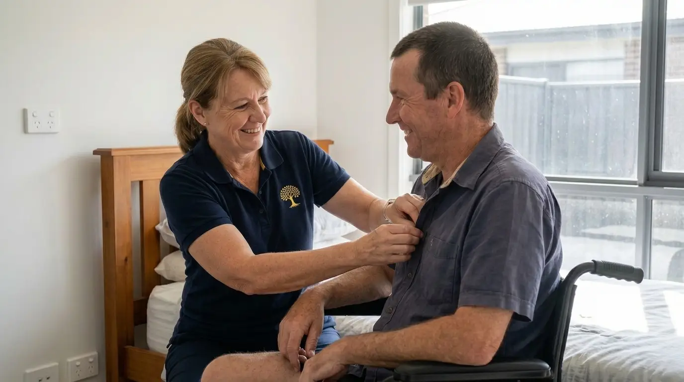 A support worker helping a client move safely at home